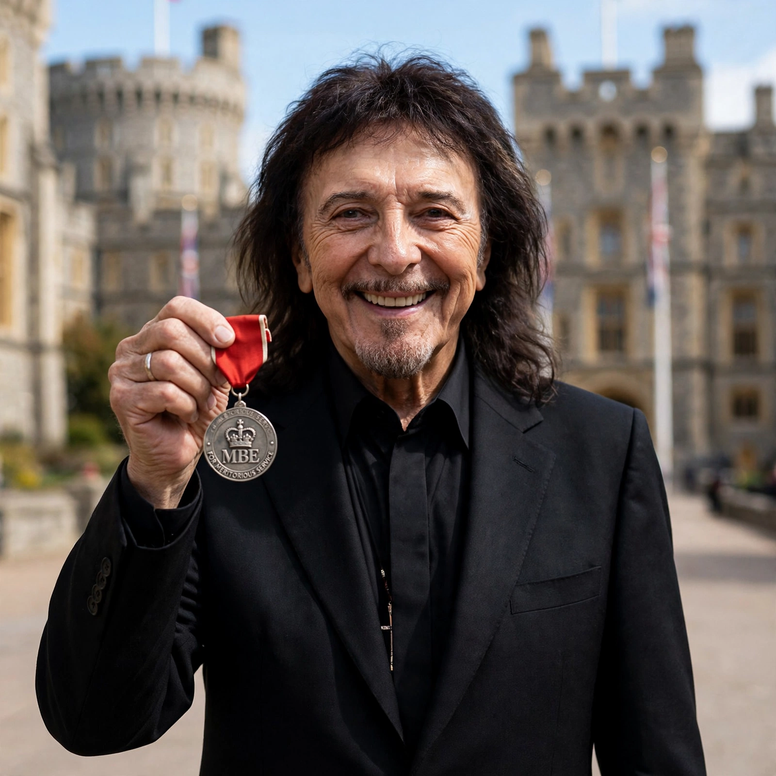 Tony Iommi con su medalla MBE en el Castillo de Windsor