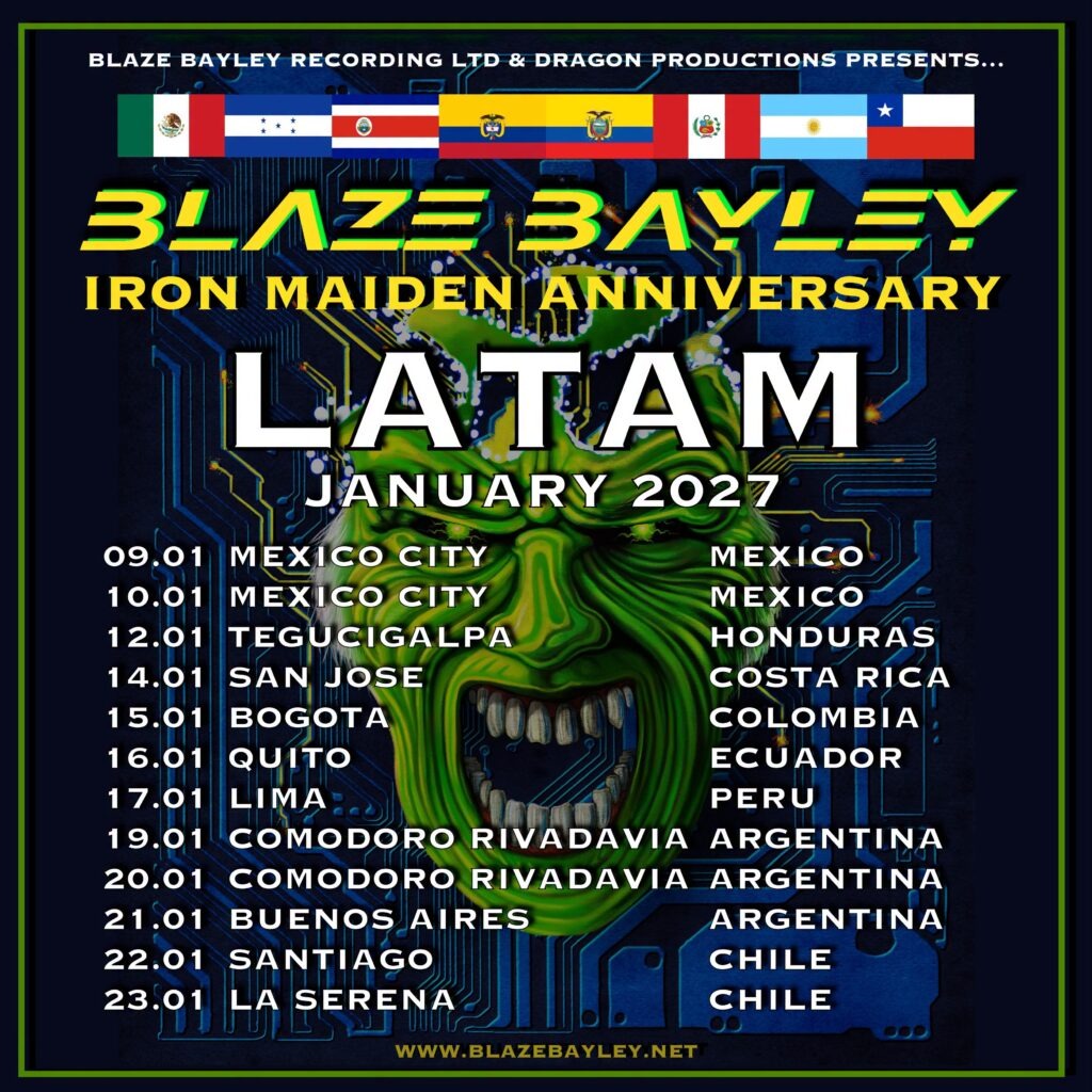 Cartel oficial de la gira Iron Maiden Anniversary de Blaze Bayley por Latinoamérica, enero de 2027